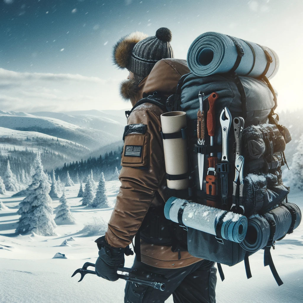 his image depicts a person dressed in warm winter gear, equipped with a backpack and survival tools, walking towards a snowy landscape. It conveys the readiness and determination required for building survival shelters in extreme cold.